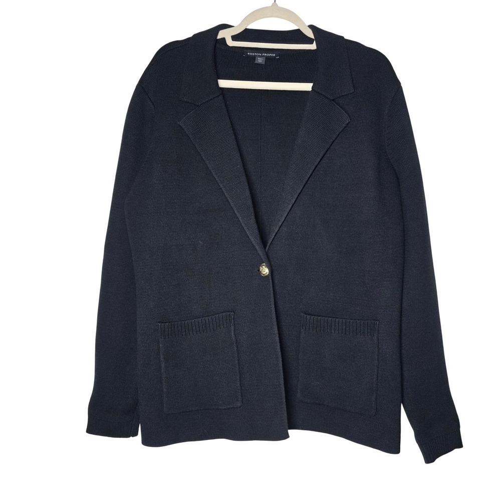 Boston Proper Womens Black Knit Blazer Cardigan Gold Button Sweater Size L